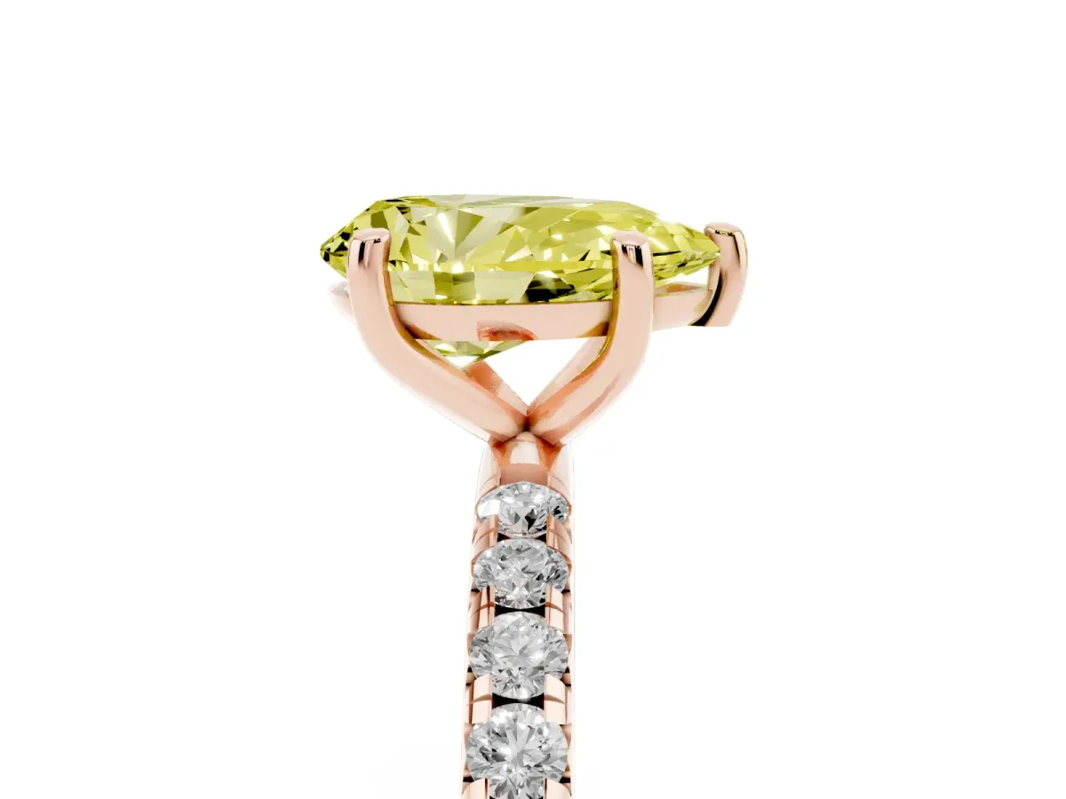 Fancy Yellow Pear Cut Cut Diamond Solitaire Ring with Micro Pave Band and Four Prong Setting Rose gold