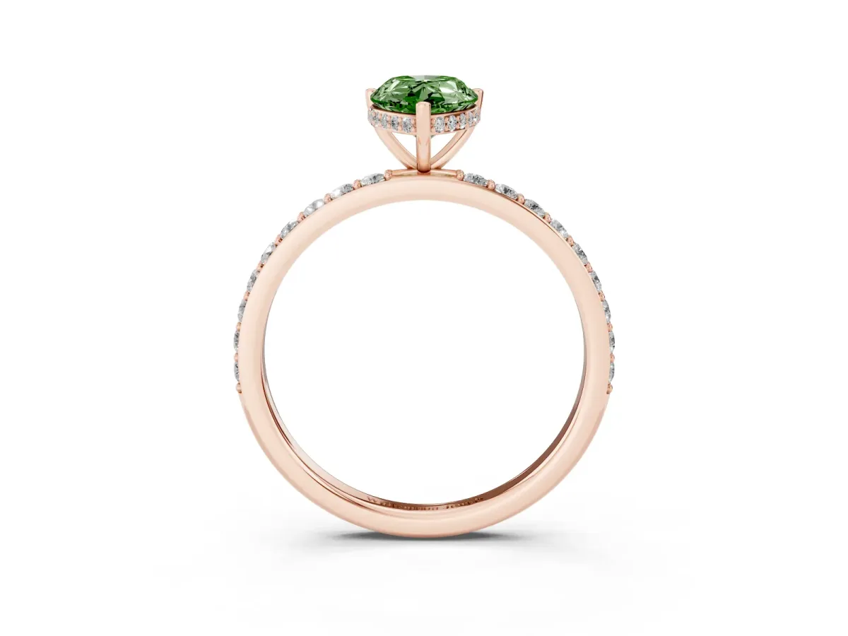 Fancy Green Pear Cut Diamond Solitaire Ring with Pavé Band and Hidden Halo Rose gold