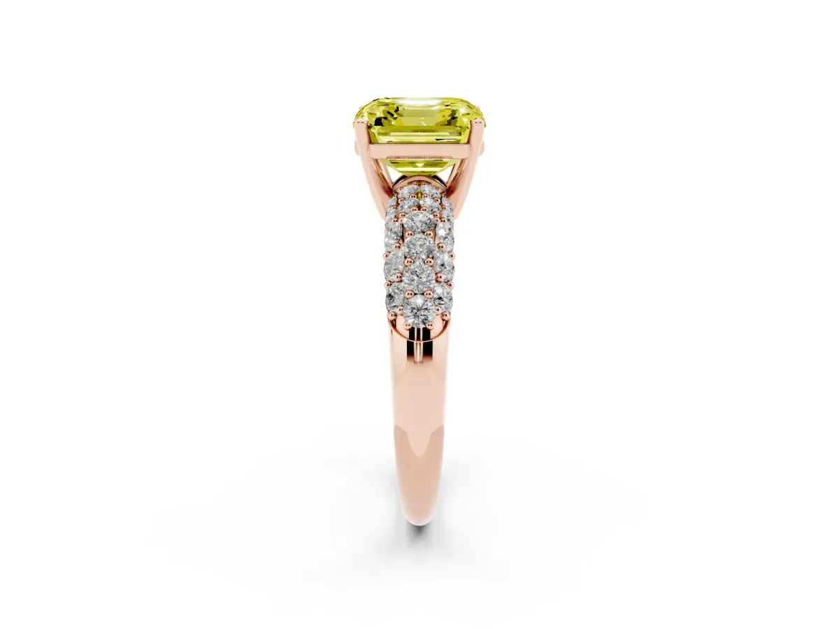 Fancy Yellow Asscher Cut Diamond Pavé Band Solitaire Ring with Four-Prong Setting Rose gold
