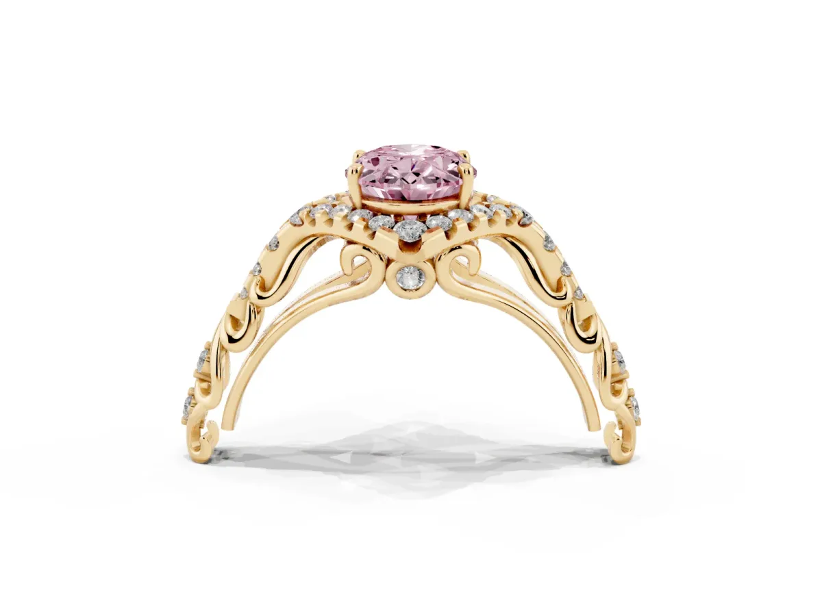 Fancy Pink Oval Cut Diamond Solitaire Ring with Hidden Halo and Pavé Band Yellow gold