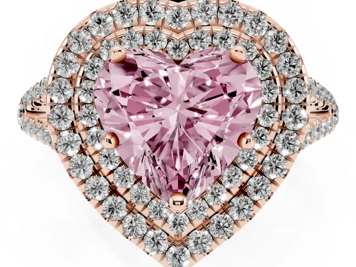 Fancy Pink Heart Cut Diamond Double Halo Ring with Pavé Band and Prong Setting Rose gold