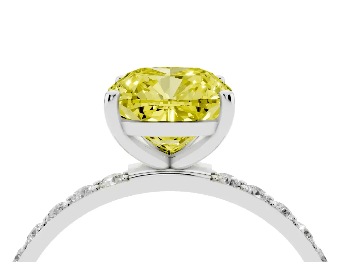 Fancy Yellow Cushion Cut Diamond Solitaire Ring with Round Pavé Shoulders and Prong Setting Silver