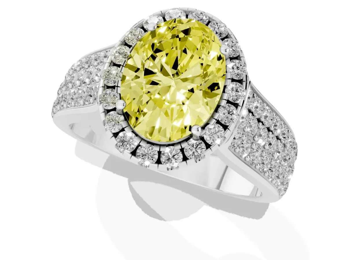 Fancy Yellow Oval Cut Halo Round Diamond Pave Band with Prong Setting Silver