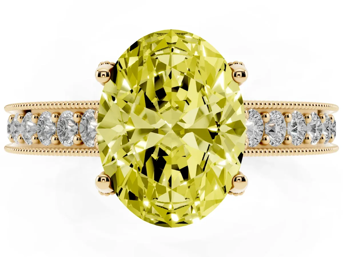 Fancy Yellow Oval Cut Cut Diamond Solitaire Ring with Milgrain Pave Band and Four Prong Setting Yellow gold