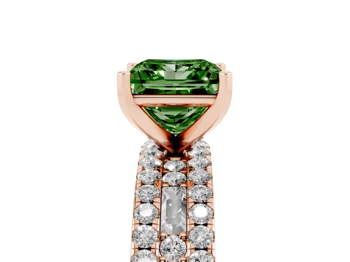 Fancy Green Princess Cut Diamond Solitaire Ring with Pavé and Channel Set Band Rose gold