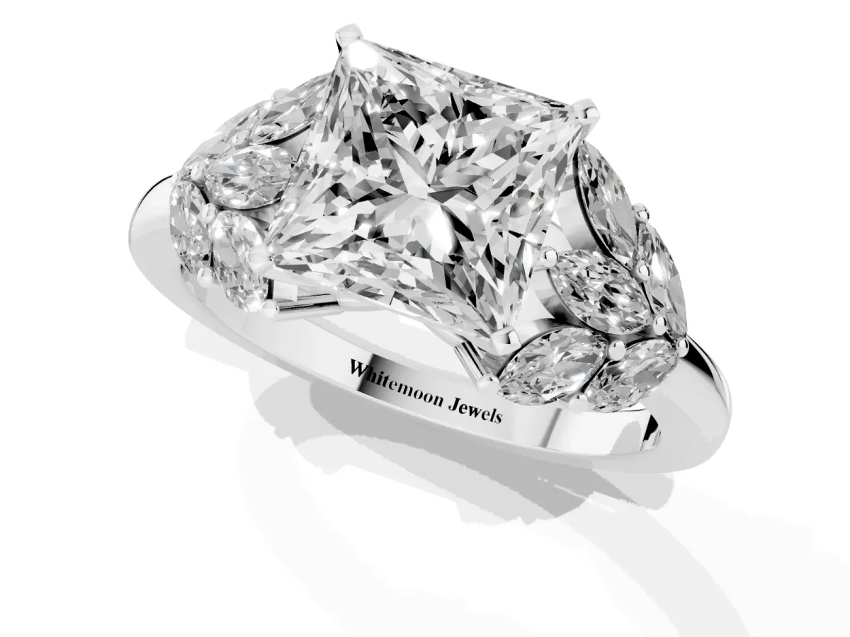 Princess Cut Diamond Cluster Leaf Design Ring with Prong Setting White gold