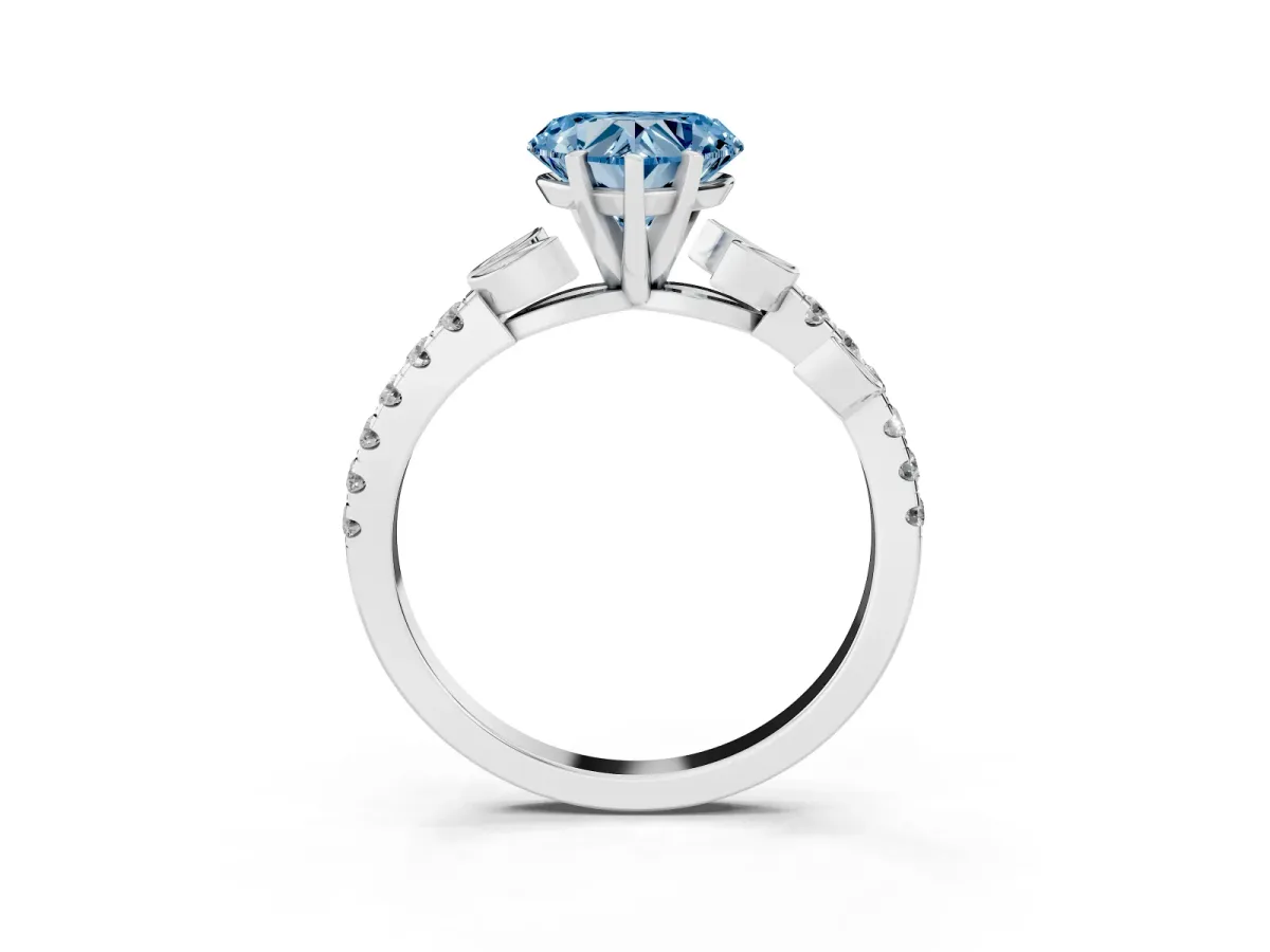 Fancy Blue Heart Cut Solitaire Leaf-Inspired Diamond Ring with Pavé Band and Four-Prong Setting Silver