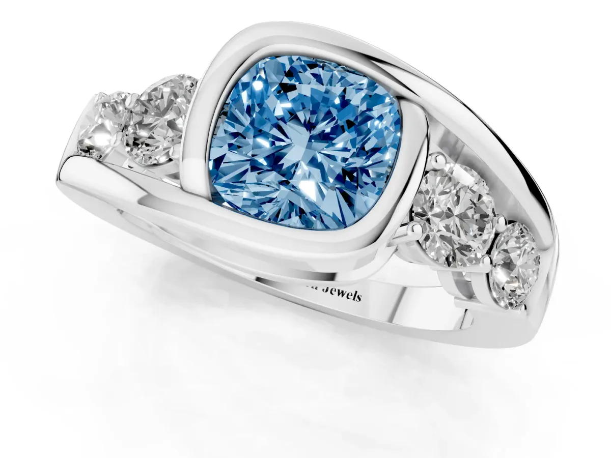 Fancy Blue Bezel Set Cushion Cut Diamond Bypass Ring with Round Accents Silver