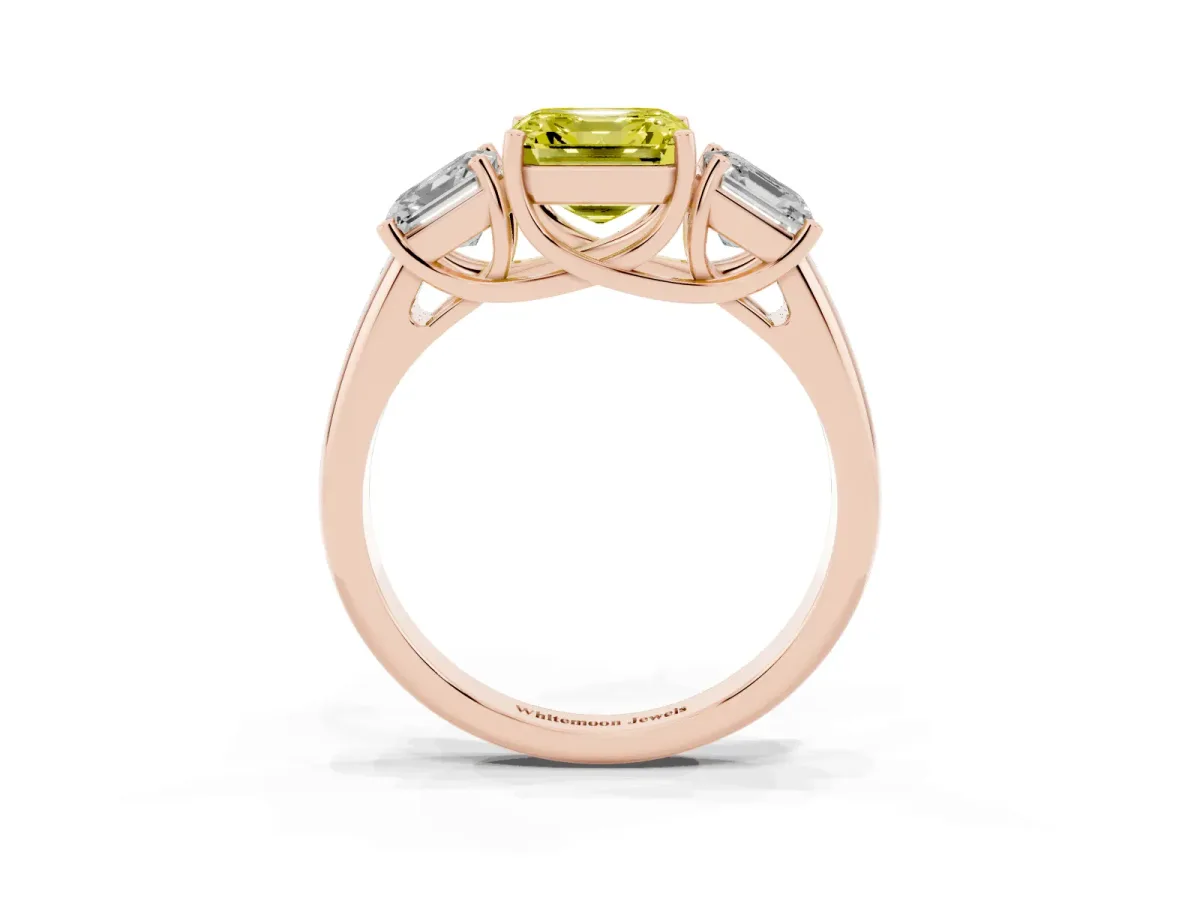 Fancy Yellow Three-Stone Asscher Cut Diamond Engagement Ring with Prong Setting Rose gold