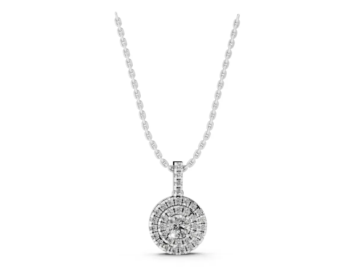 Round Double Halo Prong Set Diamond Pendant White gold