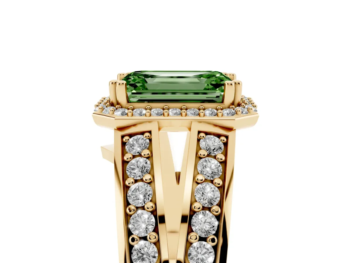 Fancy Green Emerald Cut Diamond Halo Ring with Split Shank Pavé Band and Four-Prong Setting Yellow gold