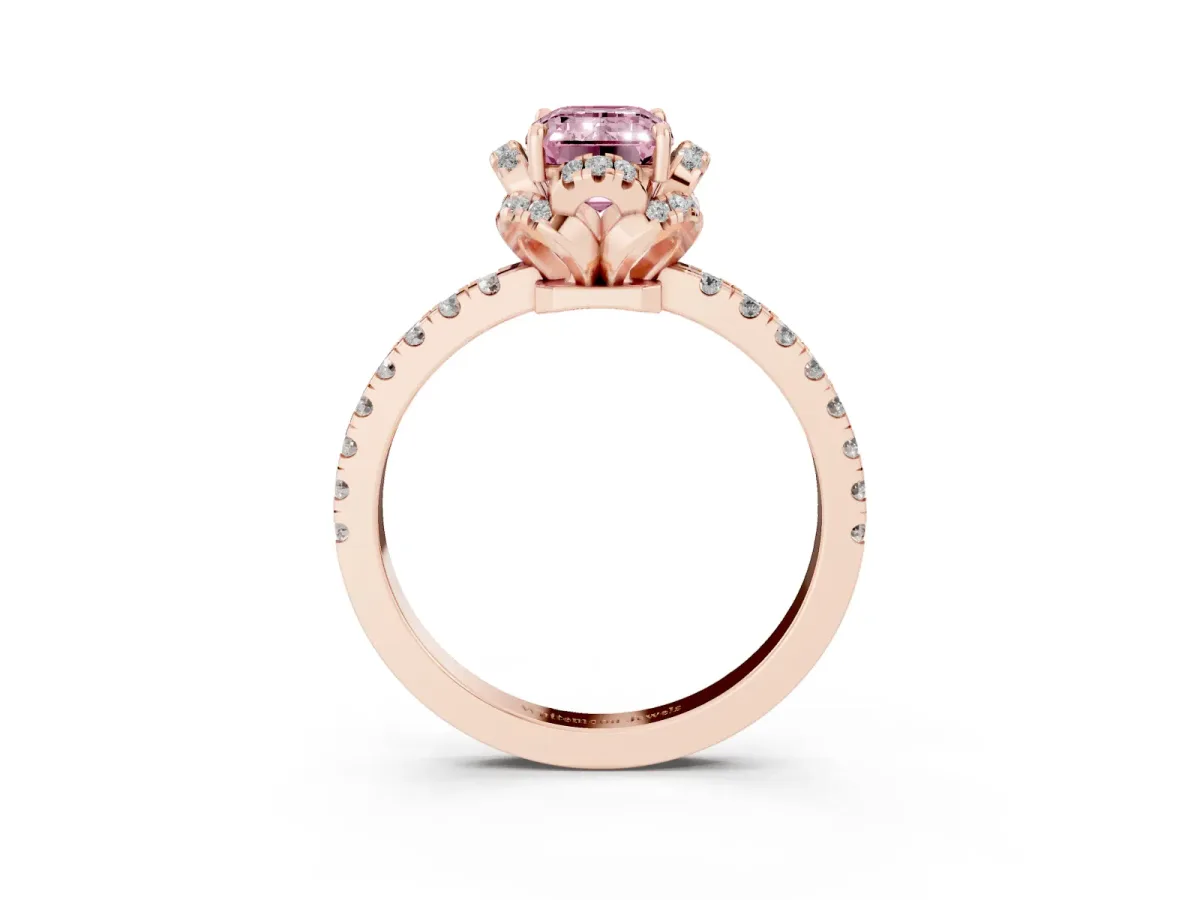 Fancy Pink Emerald Cut Halo Diamond Pave Band Ring with Four-Prong Setting Rose gold