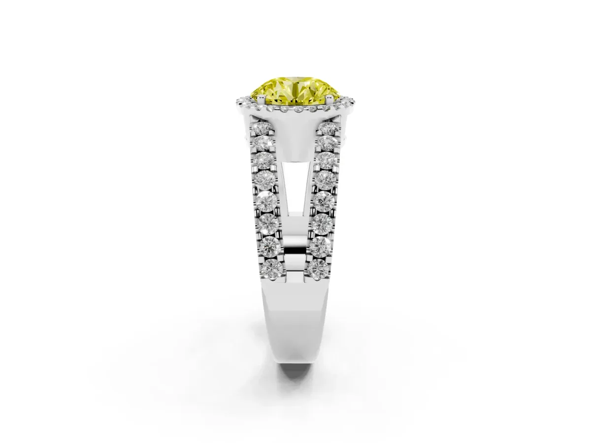 Fancy Yellow Round Cut Cut Halo Split Shank Diamond Ring with Four-Prong Setting Platinum