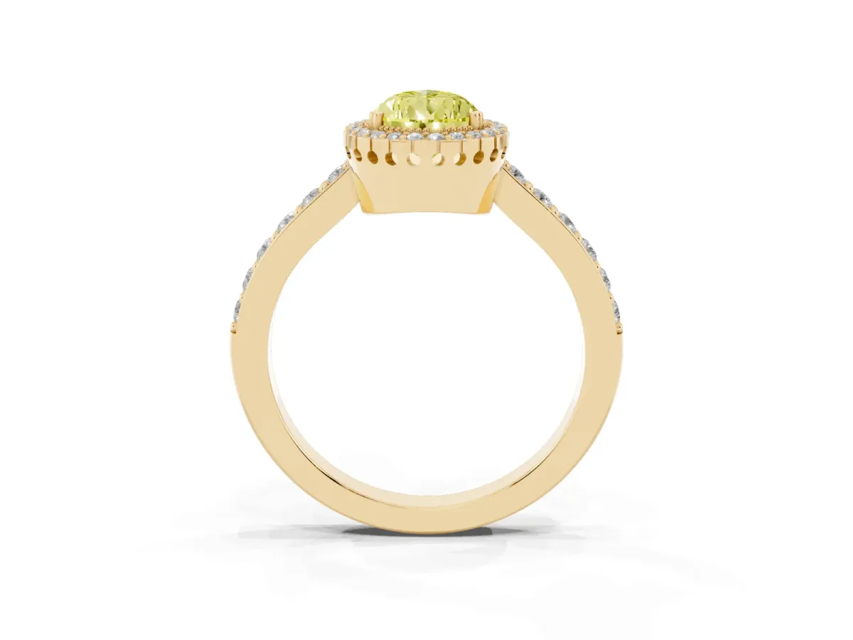 Fancy Yellow Pear Cut Cut Diamond Halo Engagement Ring with Milgrain Detail and Pavé Band Yellow gold
