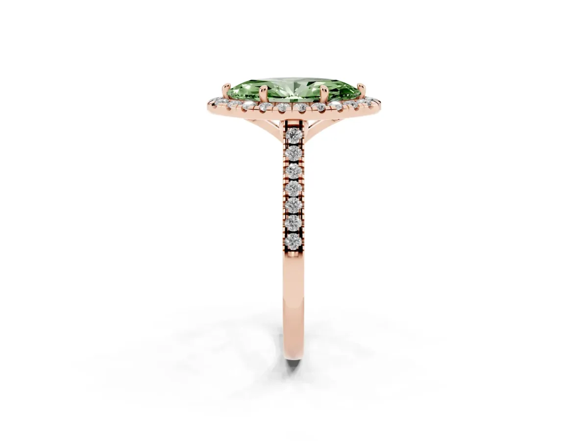 Fancy Green Marquise Cut Diamond Cushion Halo Ring with Pavé Band Rose gold