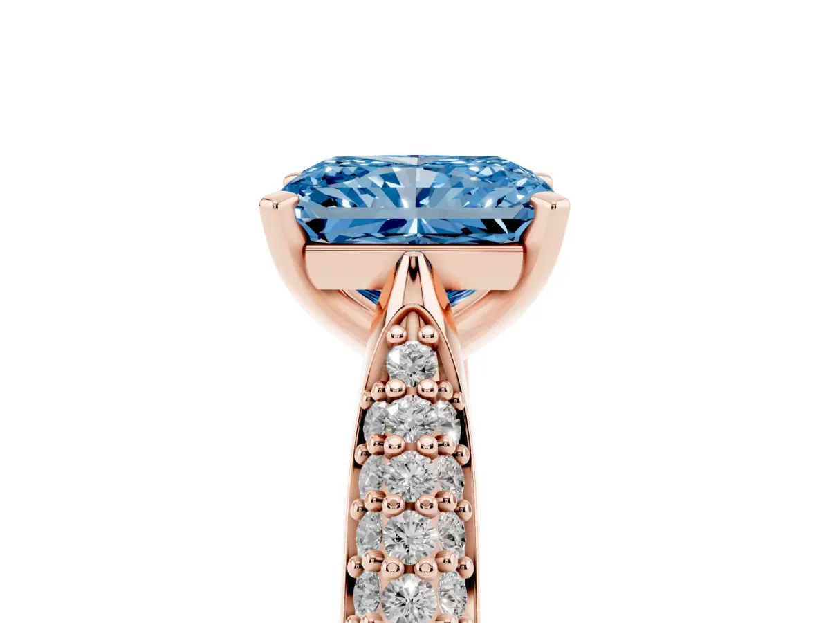 Fancy Blue Radiant Cut Diamond Solitaire Engagement Ring with Multi-Row Round Pavé Band and Prong Setting Rose gold