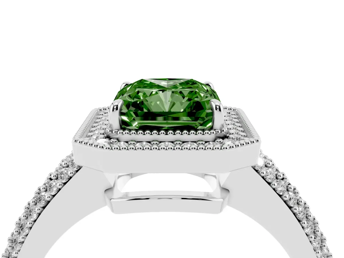 Fancy Green Radiant Cut Cut Halo Diamond Pave Band with Four-Prong Setting Silver