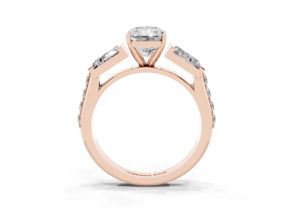 Radiant Cut Diamond Engagement Ring with Baguette Side Stones and Channel Set Band Rose gold