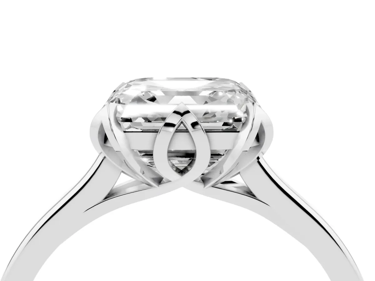 Asscher Cut Diamond Solitaire Ring with Flower Prong Setting and Classic Band Silver