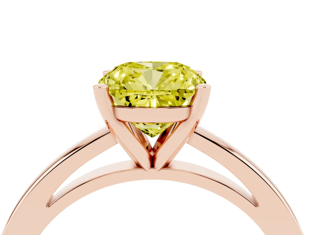 Fancy Yellow Cushion Cut Solitaire Diamond Engagement Ring with Four-Prong Setting on a Classic Band Rose gold