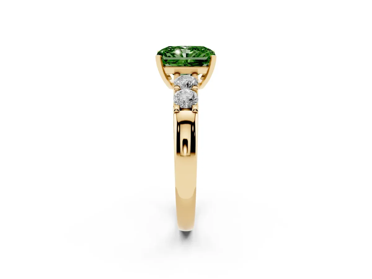 Fancy Green Radiant Cut Brilliant Cut Diamond Five-Stone Prong Set Engagement Ring with Channel Band Yellow gold