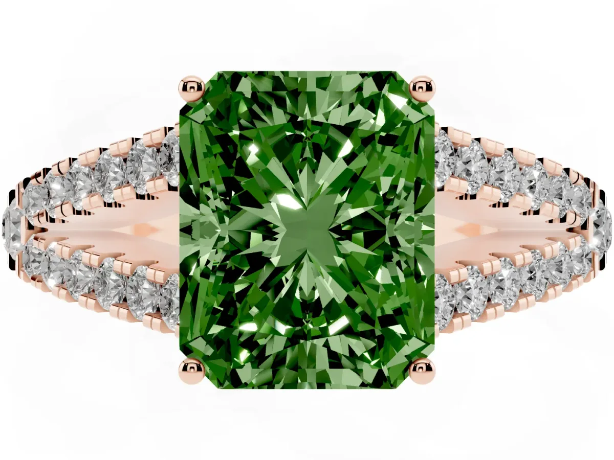 Fancy Green Radiant Cut Diamond Split Shank Engagement Ring with Round Pavé and Prong Setting Rose gold