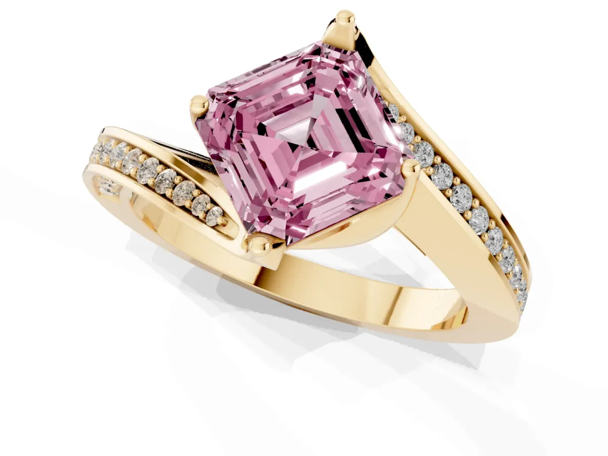 Fancy Pink Asscher Cut Solitaire Diamond Twist Band with Pavé Setting and Four-Prong Setting Yellow gold