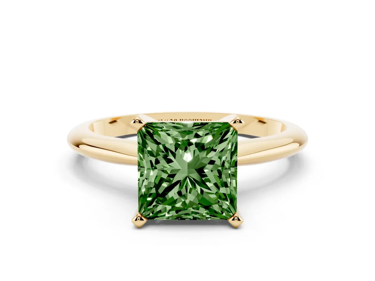 Fancy Green Princess Cut Cut Solitaire Ring with Four-Prong Setting on a Classic Band Yellow gold