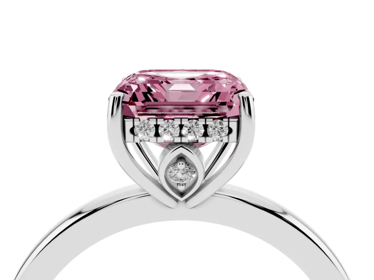 Fancy Pink Asscher Cut Solitaire Diamond Ring with Prong Setting and Plain Band White gold
