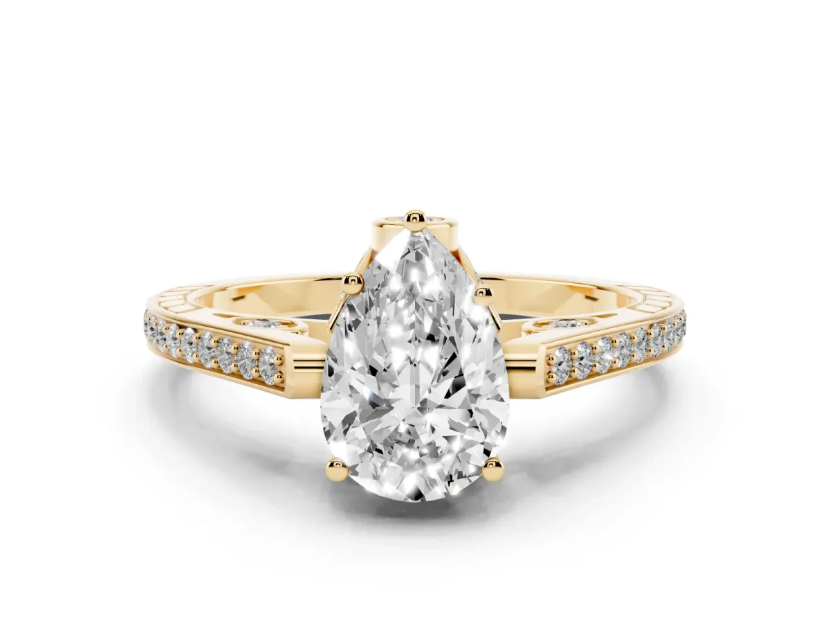 Pear Cut Cut Cathedral Pave Diamond Engagement Ring with Six-Prong Setting Yellow gold