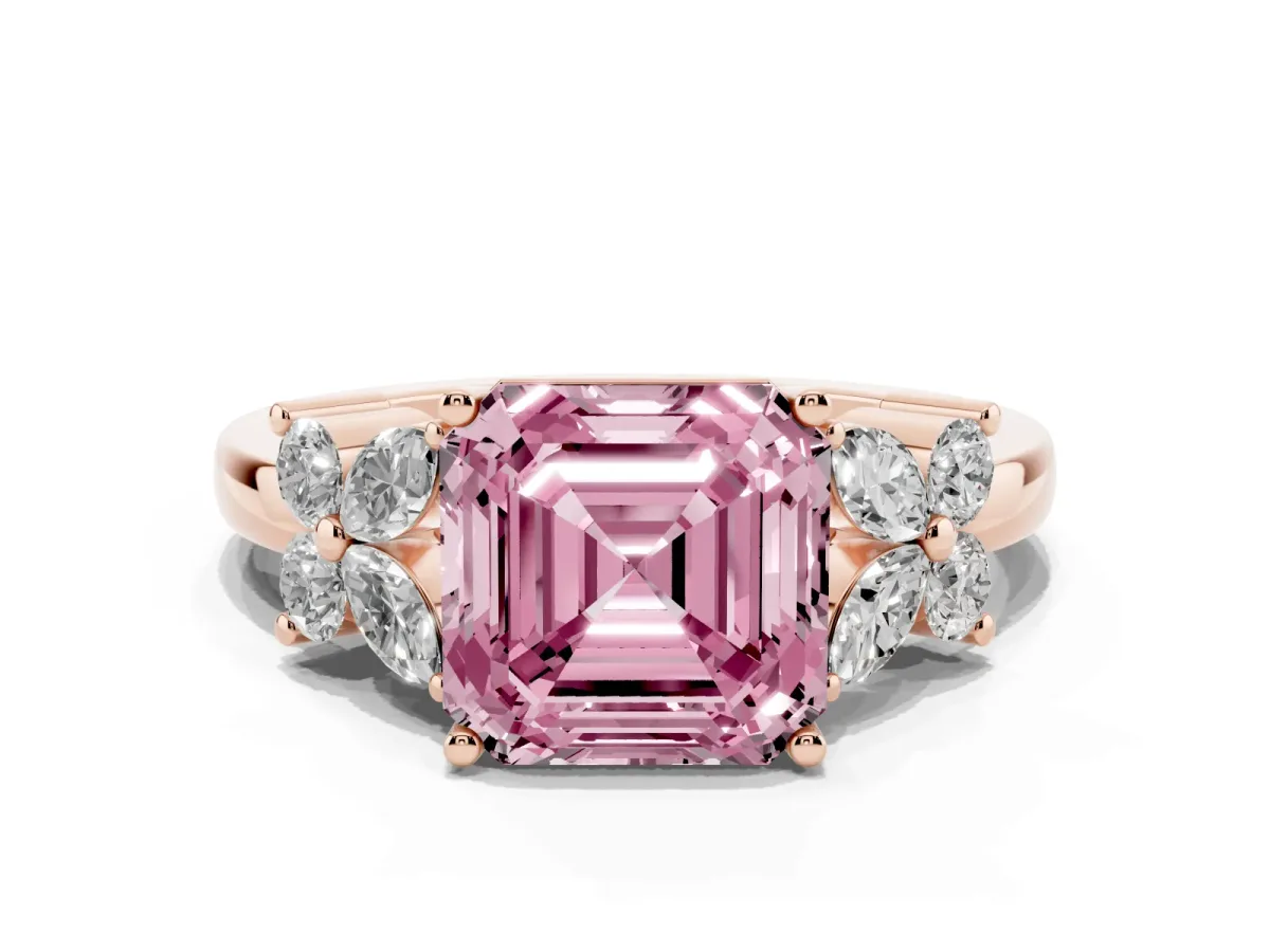 Fancy Pink Asscher Cut Diamond Floral Cluster Ring with Solitaire Band and Prong Setting Rose gold
