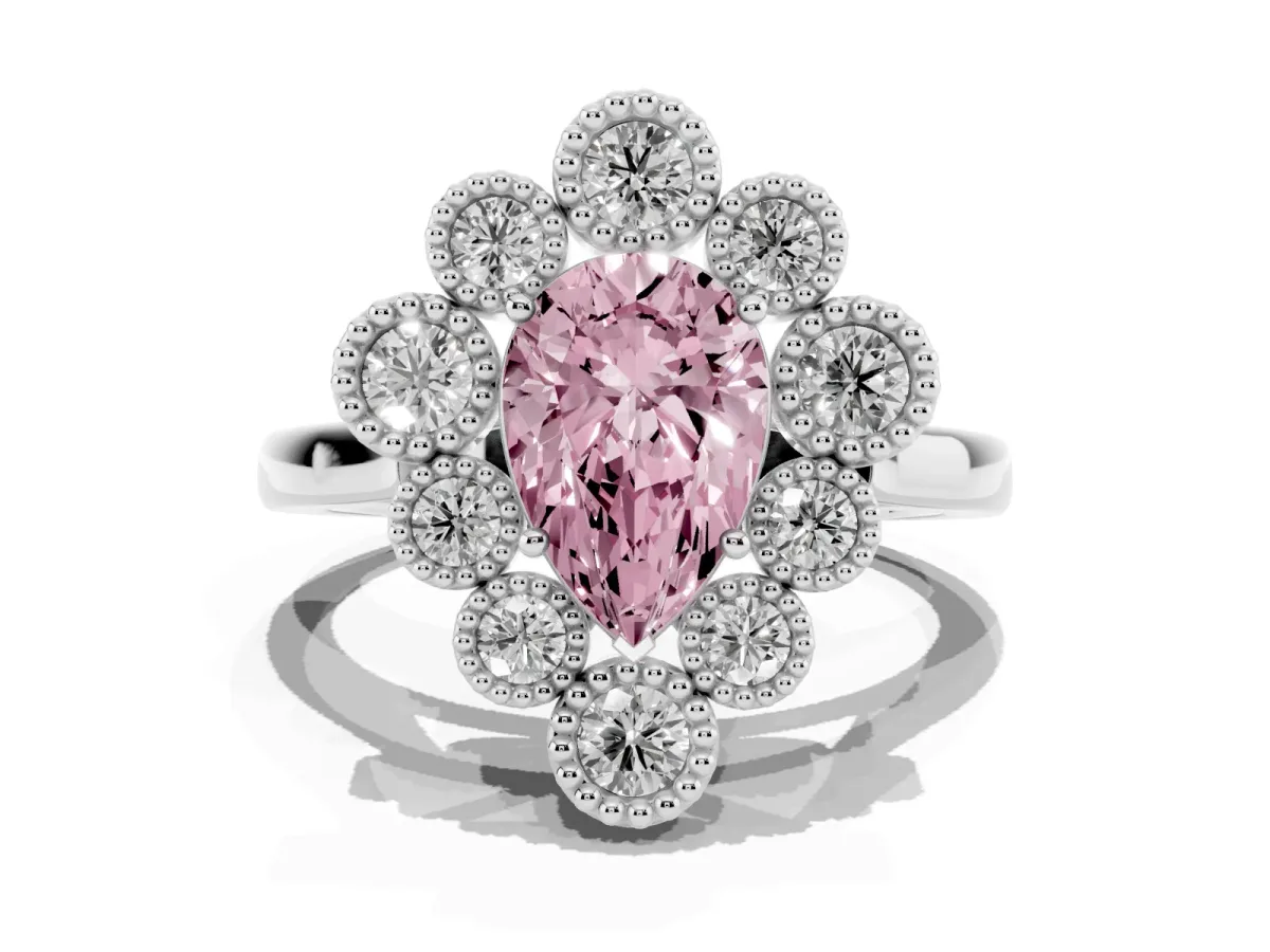 Fancy Pink Pear Cut Halo Diamond Cluster Engagement Ring with Milgrain Bezel Setting and Solitaire Band White gold