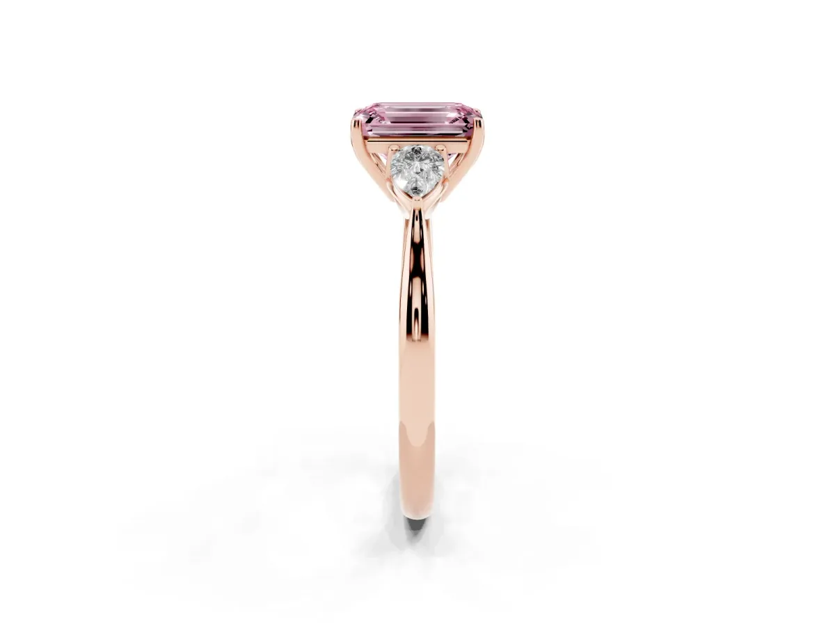 Fancy Pink Emerald Cut Diamond Three-Stone Ring with Pear Side Stones and Prong Setting Rose gold