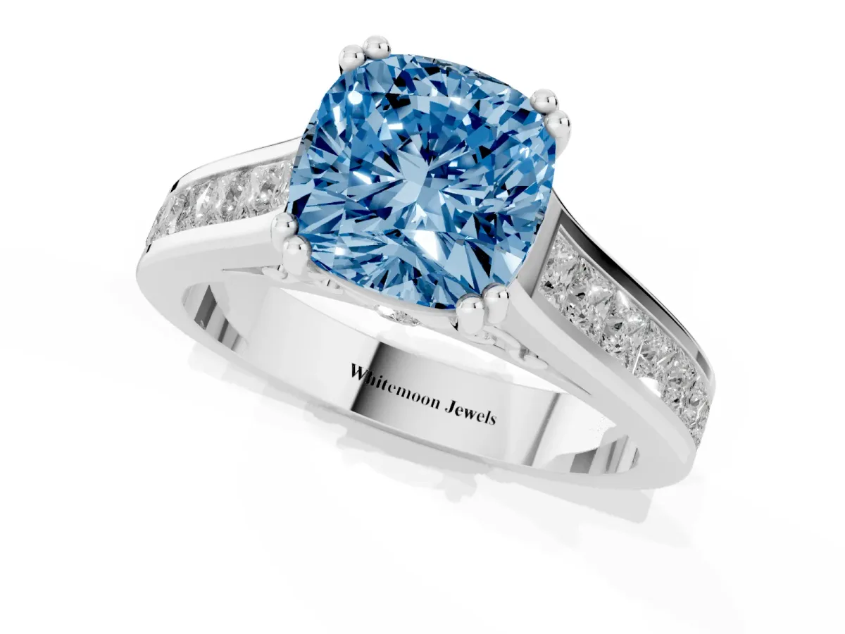 Fancy Blue Cushion Cut Cut Channel Set Solitaire Engagement Ring with Prong Setting Platinum