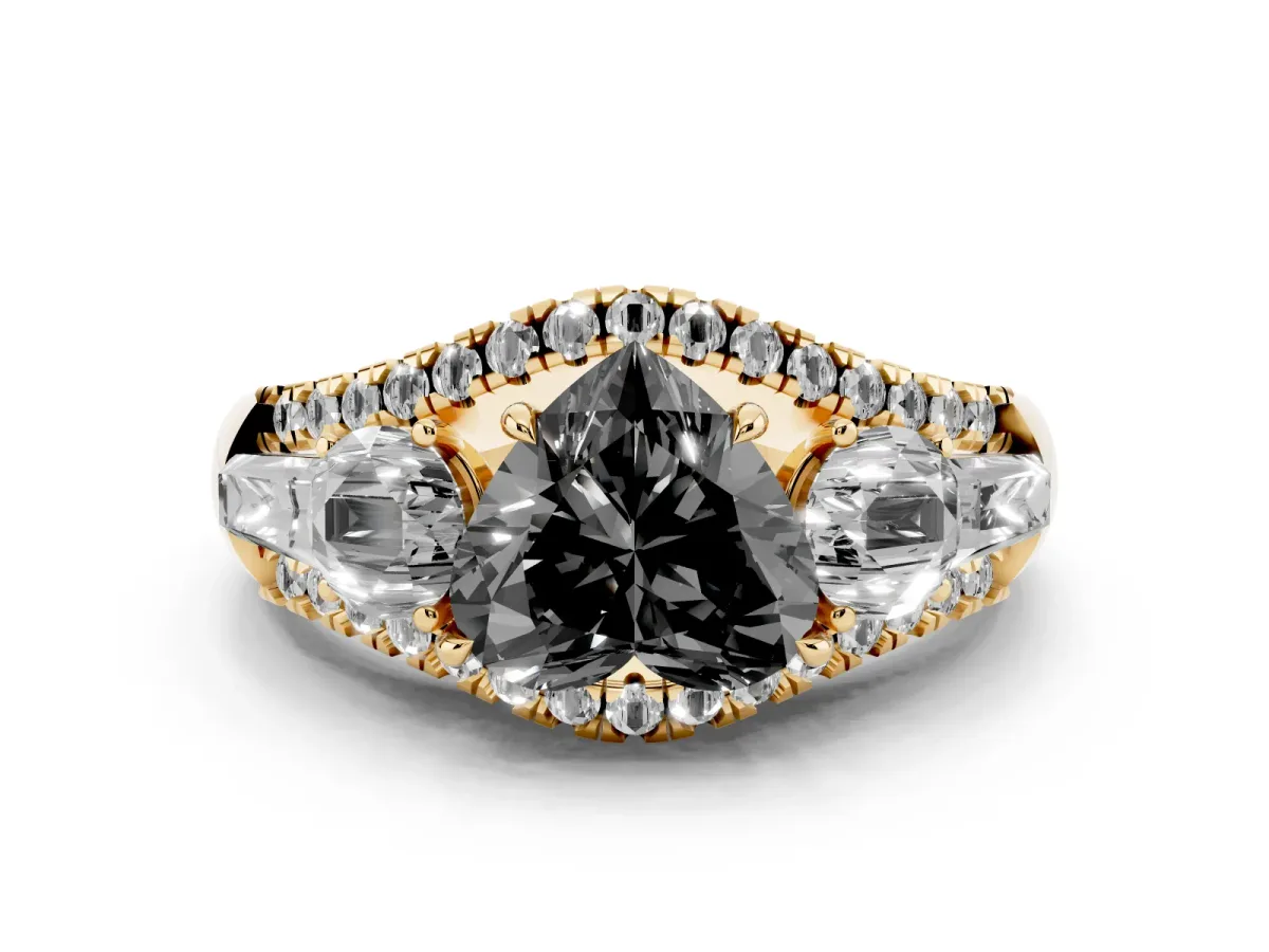 Fancy Black Three-Stone Heart Cut Diamond Engagement Ring with Pave Band and Prong Setting Yellow gold