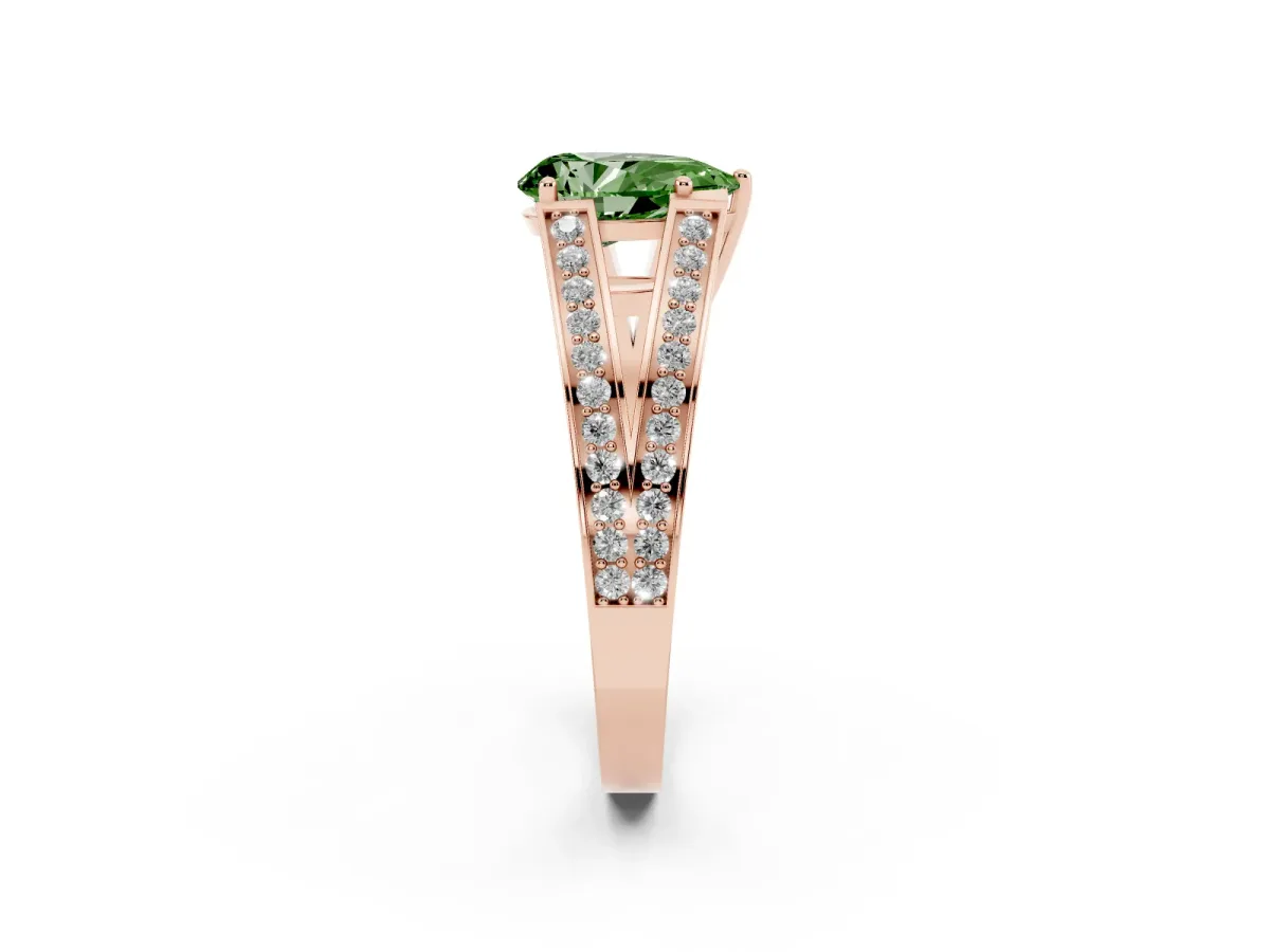 Fancy Green Pear Cut Diamond Split Shank Ring with Pavé Band and Four-Prong Setting Rose gold