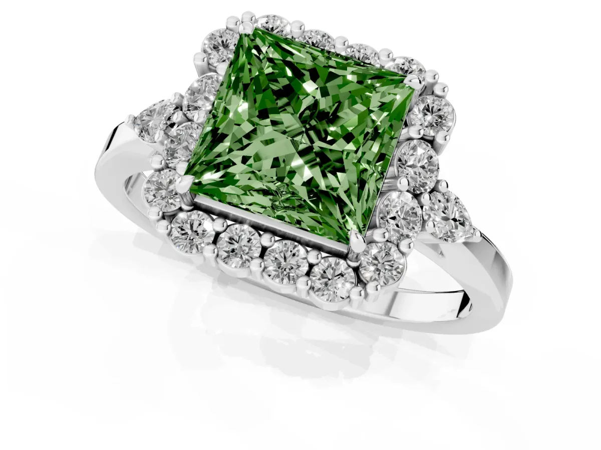 Fancy Green Princess Cut Diamond Halo Ring with Pear Side Stones and Prong Setting Silver