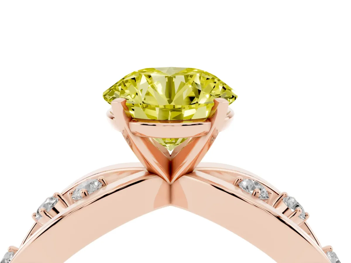 Fancy Yellow Round Cut Cut Solitaire Diamond with Side Stones on Criss-Cross Band and Four-Prong Setting Rose gold