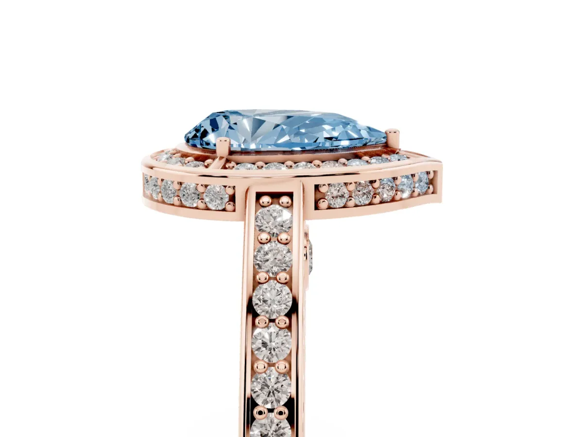 Fancy Blue Pear Cut Cut Halo Pave Split Shank Prong Setting Ring Rose gold