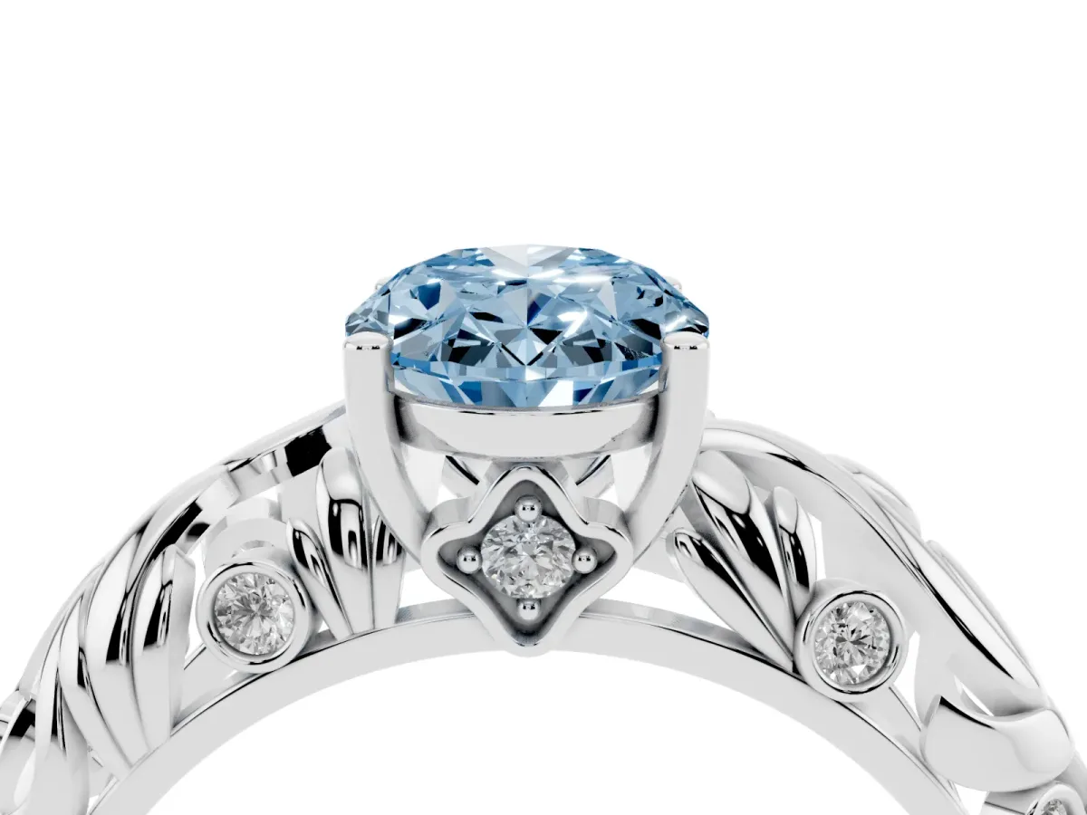 Fancy Blue Oval Cut Solitaire Diamond Leaf-Inspired Vine Band Ring with Prong Setting Platinum