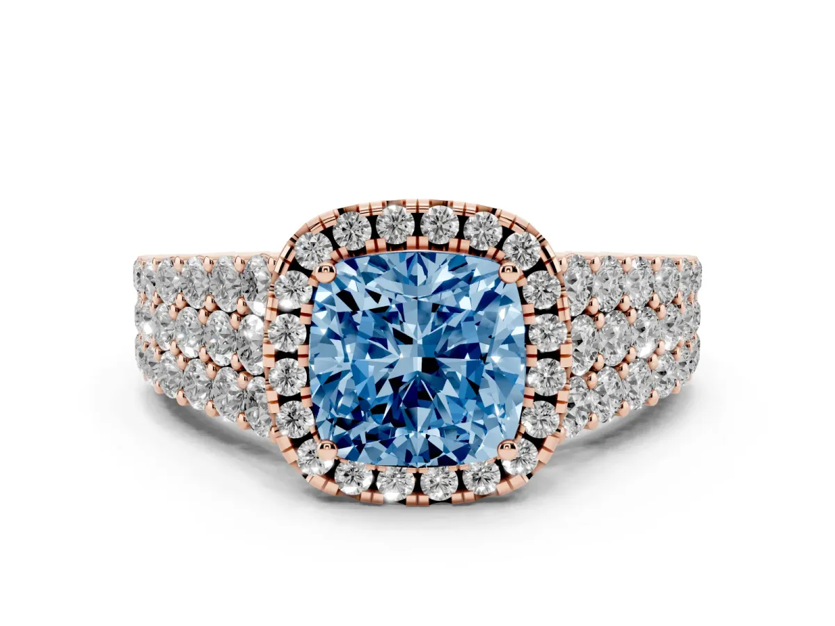 Fancy Blue Cushion Cut Diamond Halo Engagement Ring with Triple Row Round Pavé Band and Prong Setting Rose gold