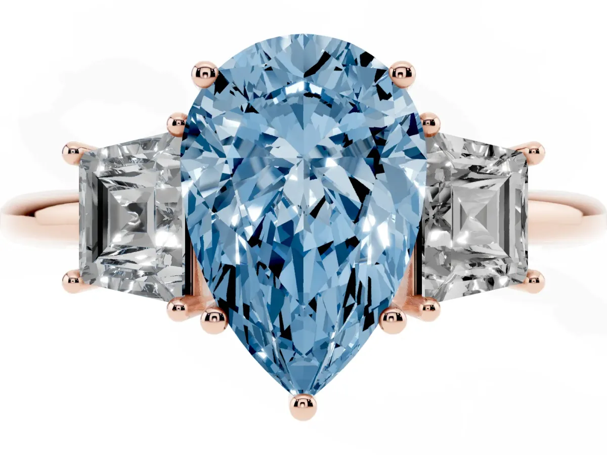 Fancy Blue Pear Cut Diamond Three-Stone Ring with Trapezoid Side Stones and Prong Setting Rose gold