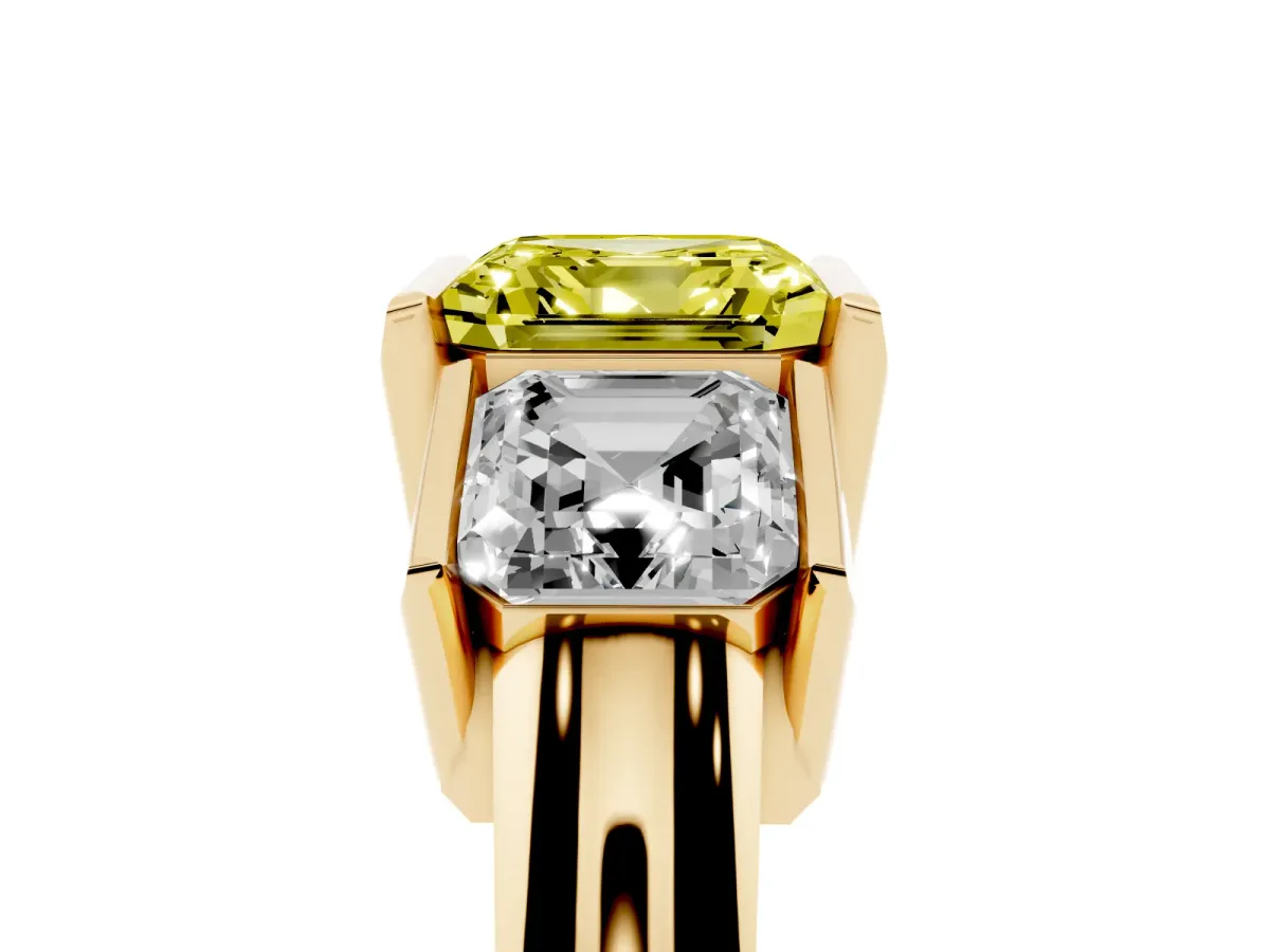 Fancy Yellow Three Stone Asscher Cut Cut Channel Set Diamond Ring Yellow gold