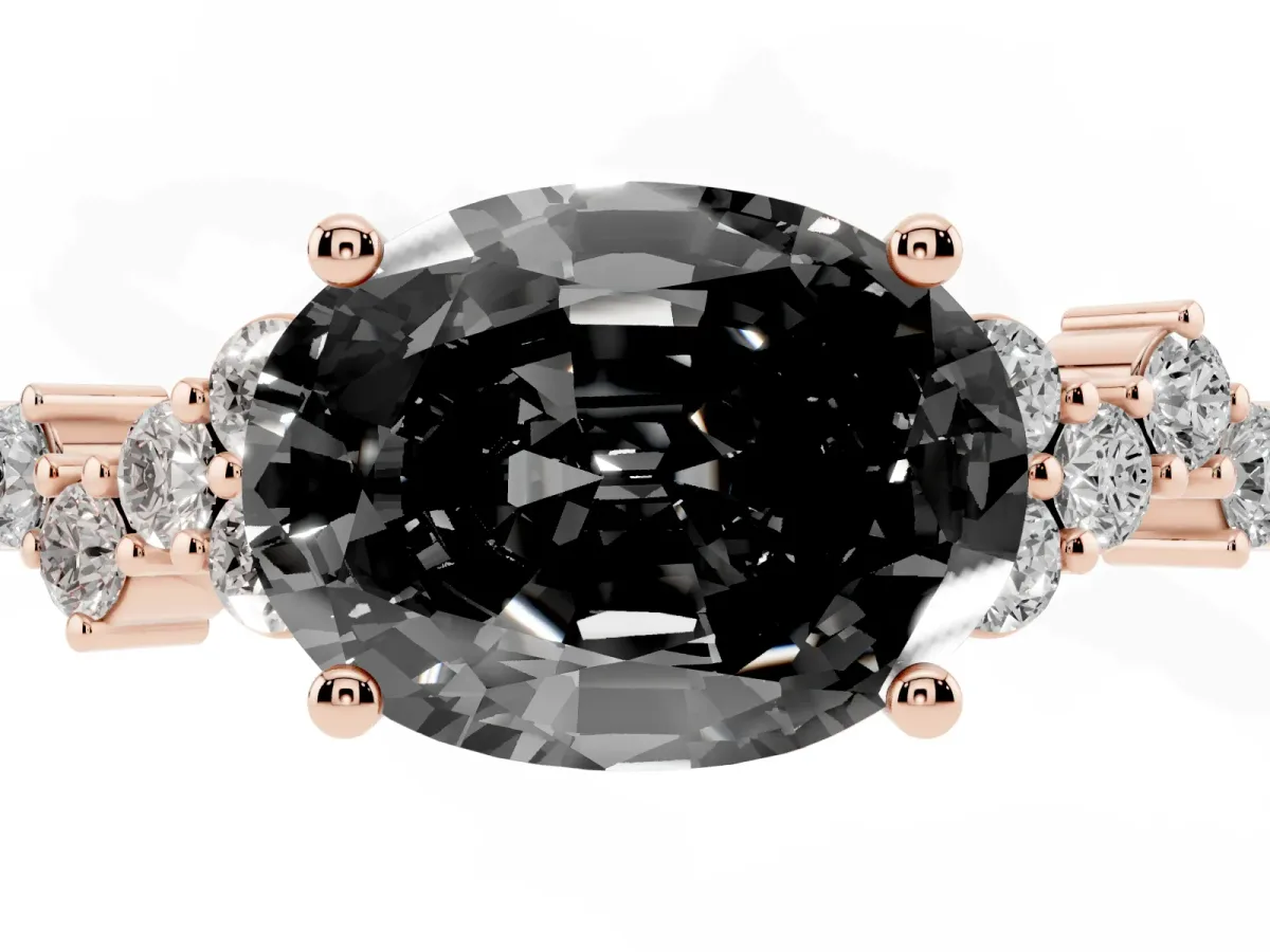 Fancy Black Oval Cut Diamond Scattered Round Accent Ring with Prong Setting Rose gold