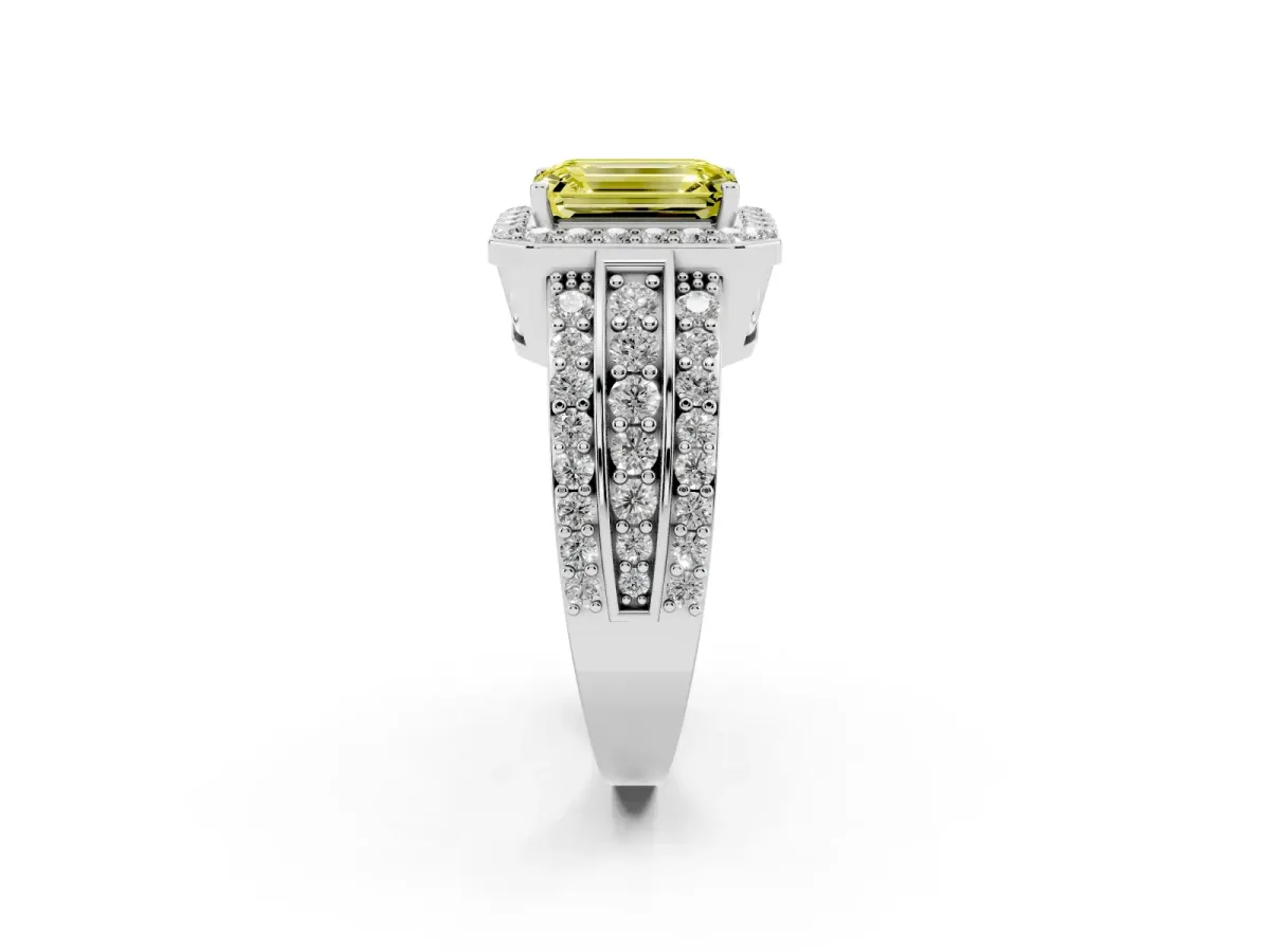 Fancy Yellow Emerald Cut Halo Diamond Ring with Round Split Shank and Prong Setting Silver