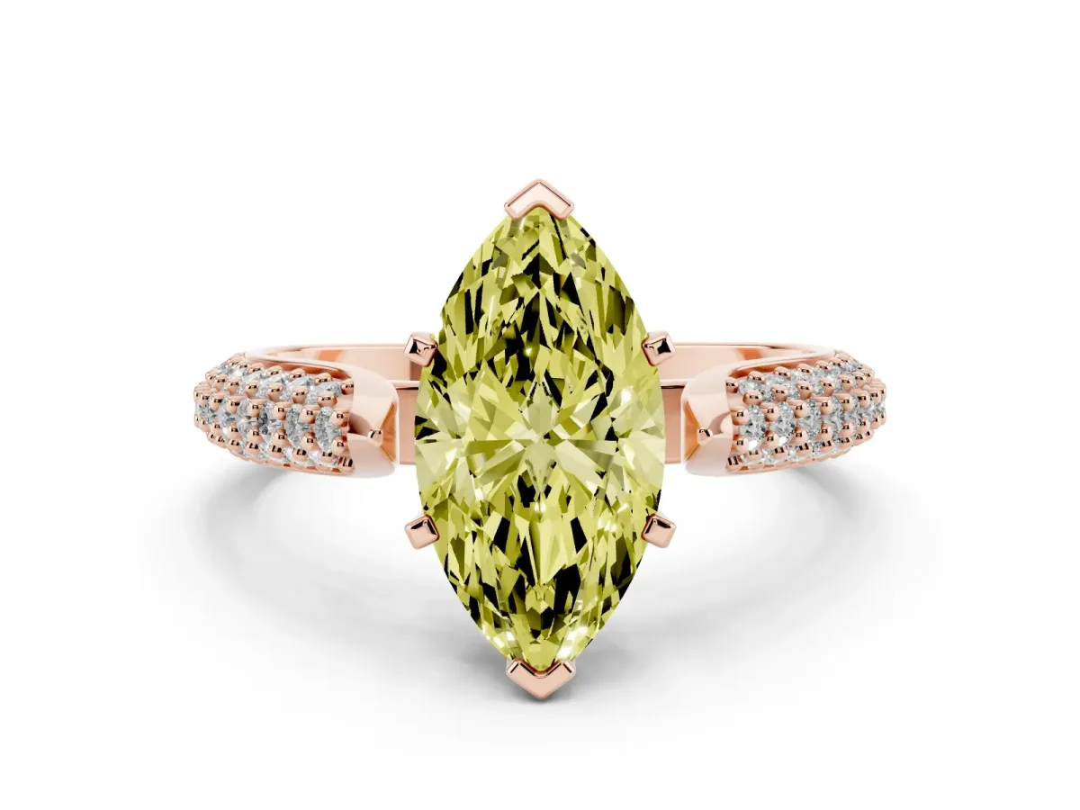 Fancy Yellow Marquise Cut Diamond Solitaire Engagement Ring with Multi-Row Round Pavé Band and Prong Setting Rose gold