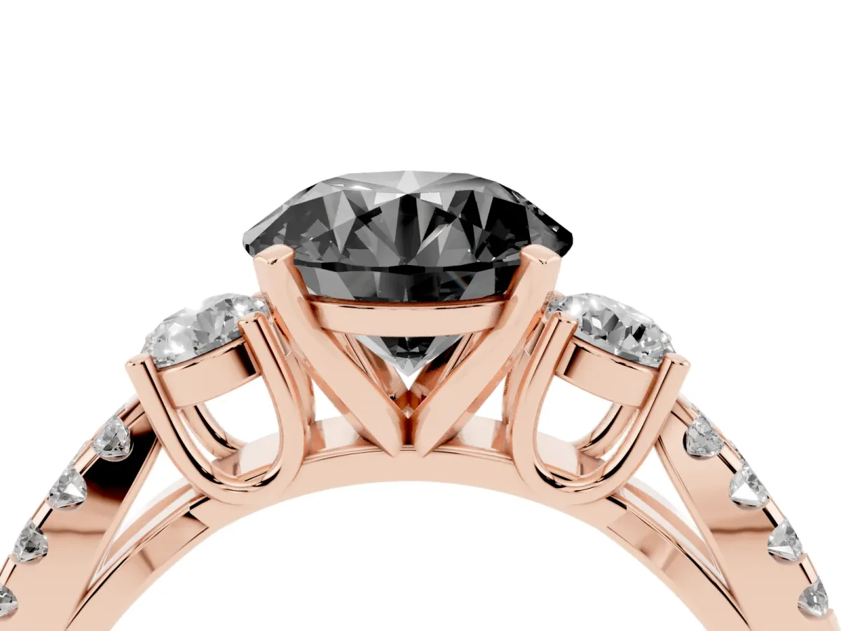 Fancy Black Round Cut Diamond Three-Stone Ring with Pavé Split Shank and Four-Prong Setting Rose gold