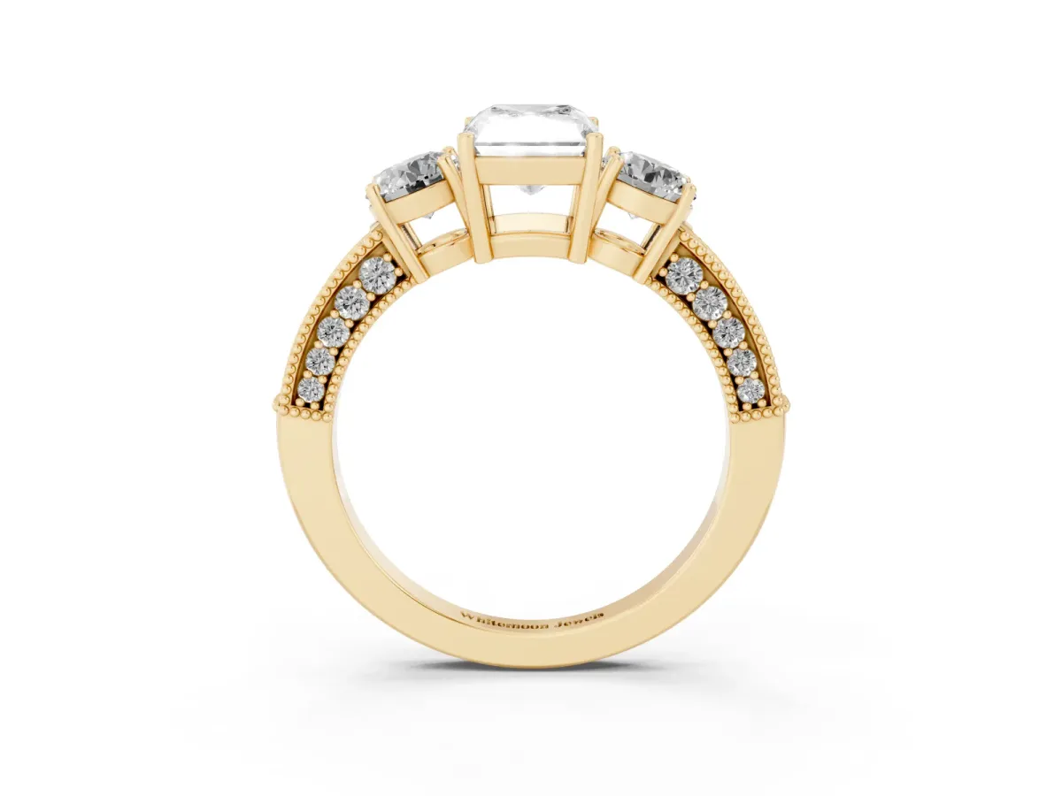 Radiant Cut Three-Stone Diamond Ring with Pavé Band and Four-Prong Setting Yellow gold