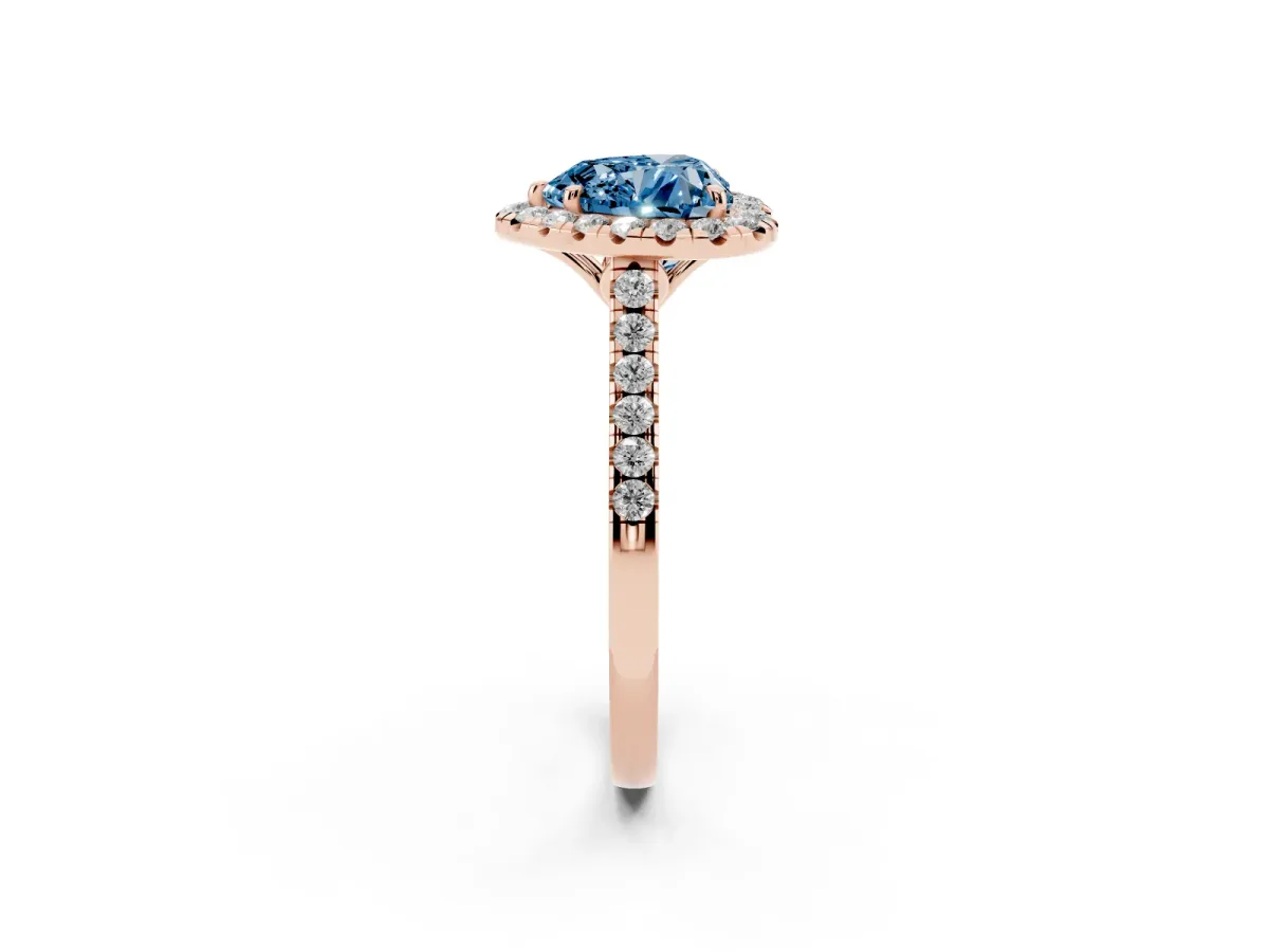 Fancy Blue Heart Cut Halo Pavé Diamond Engagement Ring with Four-Prong Setting Rose gold