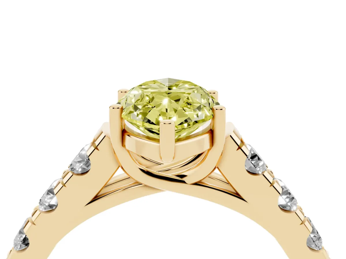Fancy Yellow Marquise Cut Cut Diamond Solitaire Ring with Micro Pave Band and Prong Setting Yellow gold
